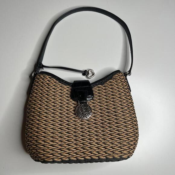 Brighton Woven Straw Shoulder Bag Black Leather Trim – Boho Chic Medallion - Picture 1 of 10